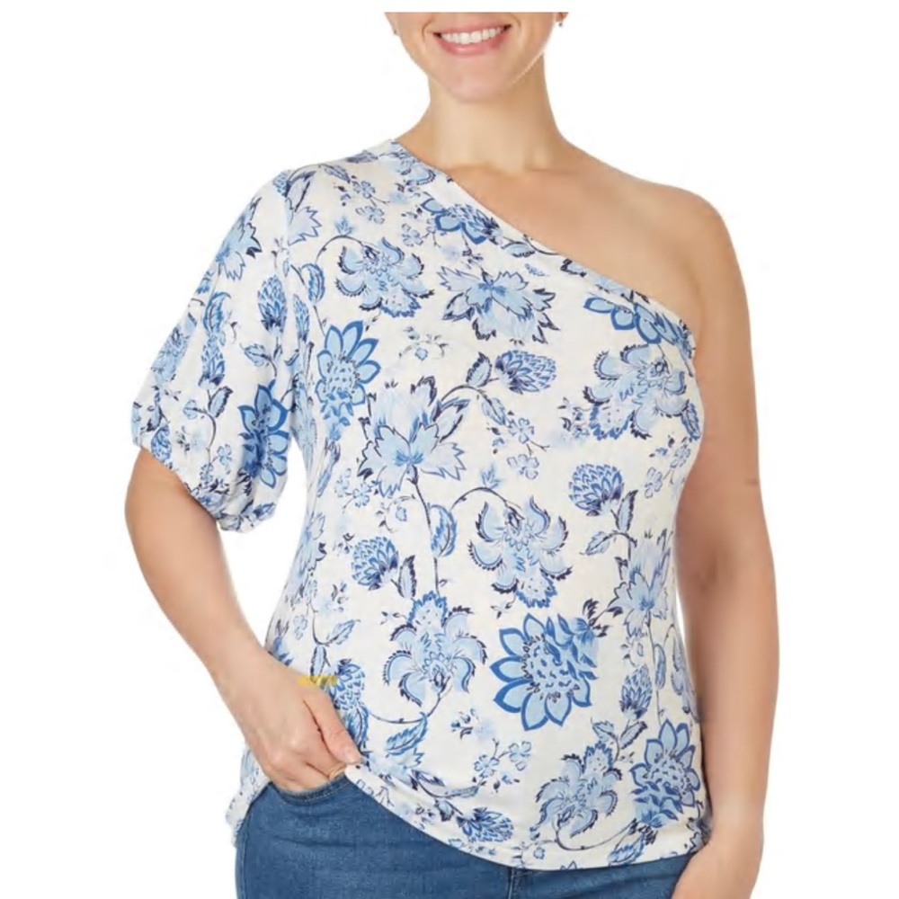 Cooper & Ella Love One Shoulder Floral Puff Sleeve Top Blue White CET2193 Large